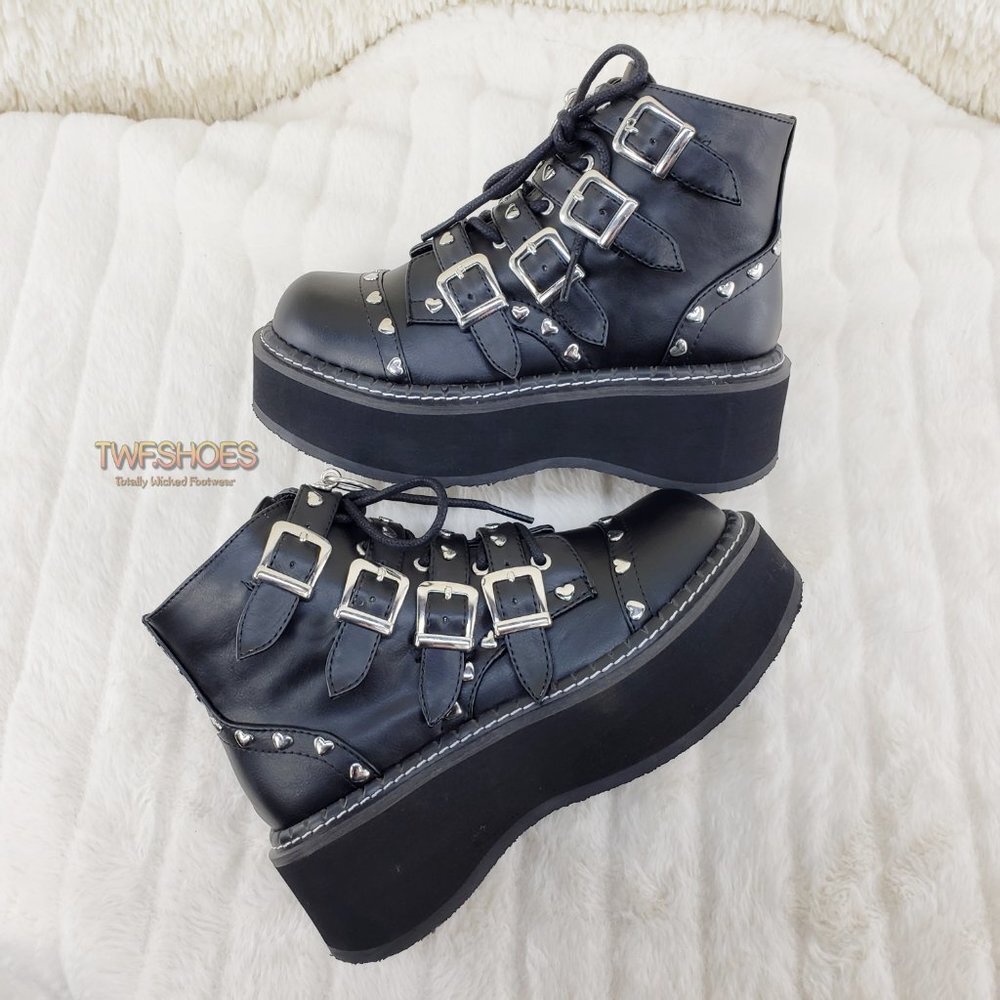 Demonia Goth Heart Stud 2" Platform Ankle Boots